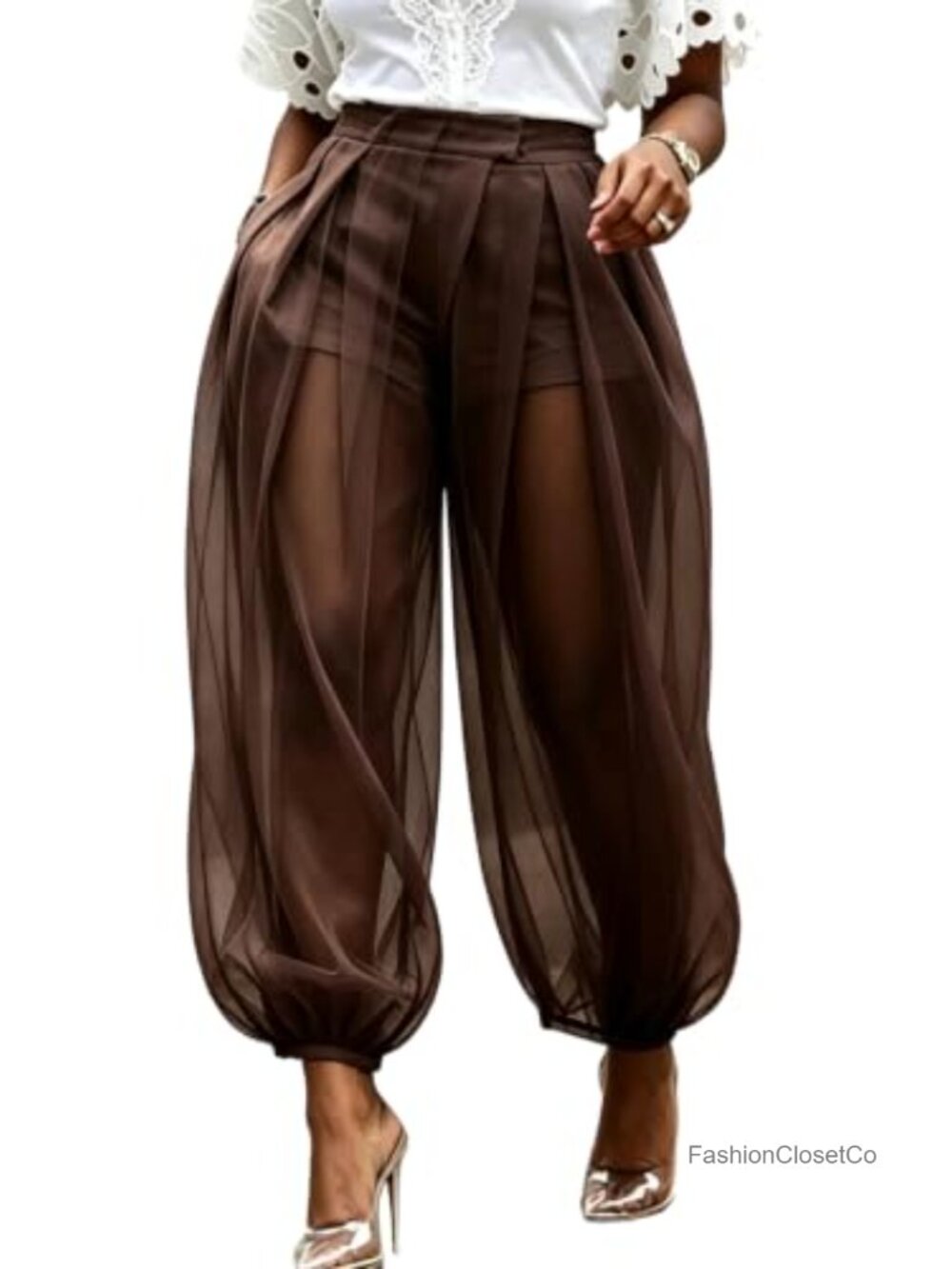 Wide Leg Barrel Pants Mesh Pleated Balloon Chiffon Trousers
